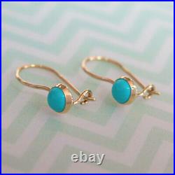 14K Solid YELLOW GOLD Round 4 mm TURQUOISE Drop Earrings HANDMADE Holidays Sale