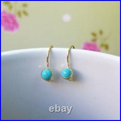 14K Solid YELLOW GOLD Round 4 mm TURQUOISE Drop Earrings HANDMADE Holidays Sale