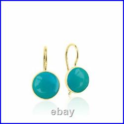 14K Solid Yellow Gold 8mm Turquoise Round Earrings Handmade Holiday Sale