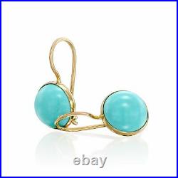 14K Solid Yellow Gold 8mm Turquoise Round Earrings Handmade Holiday Sale