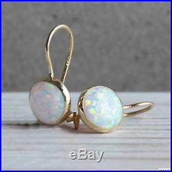14K Solid Yellow Gold 8mm White Opal Drop Earrings Handmade Holiday Sale