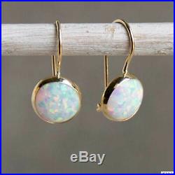 14K Solid Yellow Gold 8mm White Opal Drop Earrings Handmade Holiday Sale