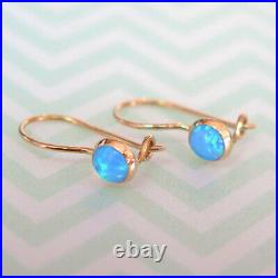 14K Solid Yellow Gold Round 4mm Blue Opal Drop Earrings Handmade Holiday Sale