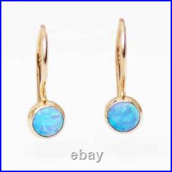 14K Solid Yellow Gold Round 4mm Blue Opal Drop Earrings Handmade Holiday Sale