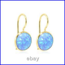 14K Solid Yellow Gold Round 8mm Blue Opal Drop Earrings Handmade Holiday Sale