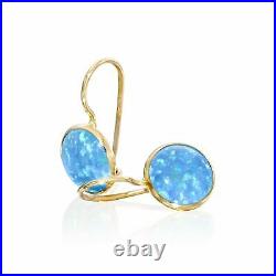 14K Solid Yellow Gold Round 8mm Blue Opal Drop Earrings Handmade Holiday Sale
