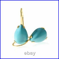 14K Solid Yellow Gold Teardrop 7X10mm Turquoise Drop Earrings Summer Sale