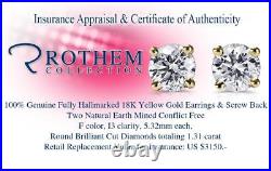 5.32mm One 1 CT F I3 Diamond Stud Earrings Sale 18K Yellow Gold 53145341