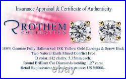 5.35mm One 1 CT D SI2 Diamond Stud Earrings Sale 18K Yellow Gold 54990341