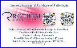 5.3mm 1 Carat H I1 Diamond Studs Earrings Sale One CT 18K Yellow Gold 50622341