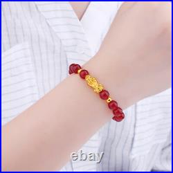 Hot Sale Pure24K Yellow Gold Bracelet 146mm 3D Lucky Pixiu Link Red Agate Chain