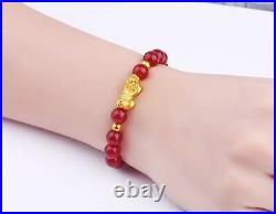 Hot Sale Pure24K Yellow Gold Bracelet 146mm 3D Lucky Pixiu Link Red Agate Chain