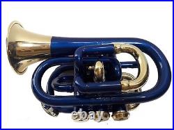 NEW YEAR SALE BRAND NEW BLUE & BRASS Bb POCKET TRUMPET+FREE HARD CASE+M/P