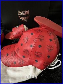 New MCM Classic Adjustable Cap in Visetos RED, Belt And Slides For Sale Also