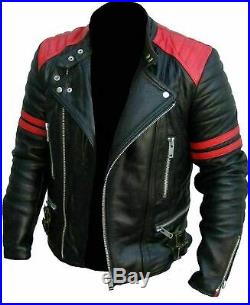 New Men's Classic Design Brando Red Black Biker Genuine Leather Jacket Sale Hot