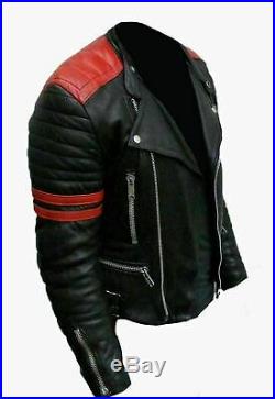 New Men's Classic Design Brando Red Black Biker Genuine Leather Jacket Sale Hot