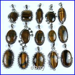New Sale 100 PCs Lot Natural Tigers Eye Gemstone Silver Plated Pendants