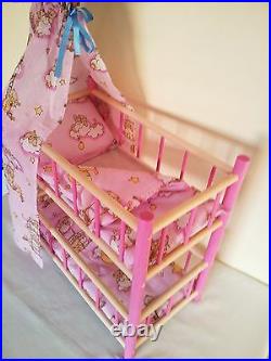 New Wooden Bunk Bed Cot Crib Dolls Toy With Pink Bedding Set And Canopy Sale 20%