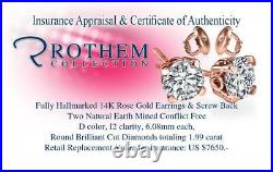 New Year Sale 1.99 Carat Diamond Stud Earrings Rose Gold 14K D I2 53840353
