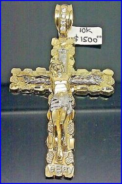REAL 10K Yellow Gold Nugget Cross Pendant Jesus Crucifix Diamond Cut 3 Inch, Sale