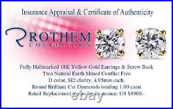Real 4.95 mm One 1 CT D SI2 Diamond Stud Earrings Sale 18K Yellow Gold 34151139