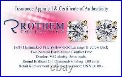 Real 5 mm One 1 CT D VS2 Diamond Stud Earrings Sale 18K Yellow Gold 53104341