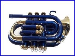 SALE BRAND NEW BLUE & BRASS Bb POCKET TRUMPET+FREE HARD CASE+M/P