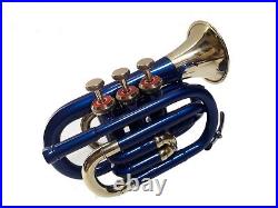 SALE BRAND NEW BLUE & BRASS Bb POCKET TRUMPET+FREE HARD CASE+M/P