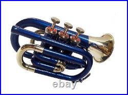 SALE BRAND NEW BLUE & BRASS Bb POCKET TRUMPET+FREE HARD CASE+M/P