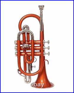 SALE! BRAND NEW CORNET NEW ORANGE NICKLE Bb FLAT CORNET WITH FREE HARD CASE