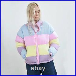 SALE Women Rainbow Block Puffer Coat Jacket With Untuckable Hood Cute Multicolor