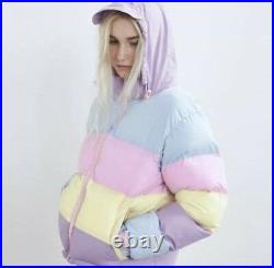 SALE Women Rainbow Block Puffer Coat Jacket With Untuckable Hood Cute Multicolor