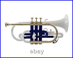 SUMMER SALE! Brand New White Blue Brass Bb Flat Cornet Trumpet+FREE HARD CASE