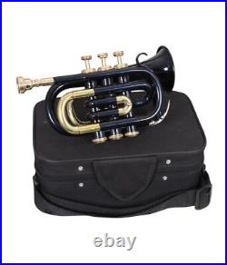 SUMMER SALE! MINI BRAND NEW BLACK & BRASS Bb POCKET TRUMPET+FREE CASE+M/P