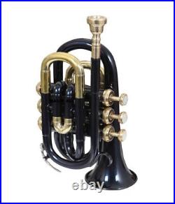 SUMMER SALE! MINI BRAND NEW BLACK & BRASS Bb POCKET TRUMPET+FREE CASE+M/P