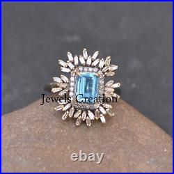 Sale! Baguette Diamond Blue Topaz Ring 925 Silver Gemstone Jewelry Wedding Gifts