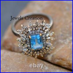 Sale! Baguette Diamond Blue Topaz Ring 925 Silver Gemstone Jewelry Wedding Gifts