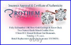 Sale Real Diamond Stud Earrings 1.51 Karat Rose Gold I1 52090355