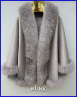 Women's Brand New Gray Cashmere Wool Wrap Cape Fox Fur! Sale